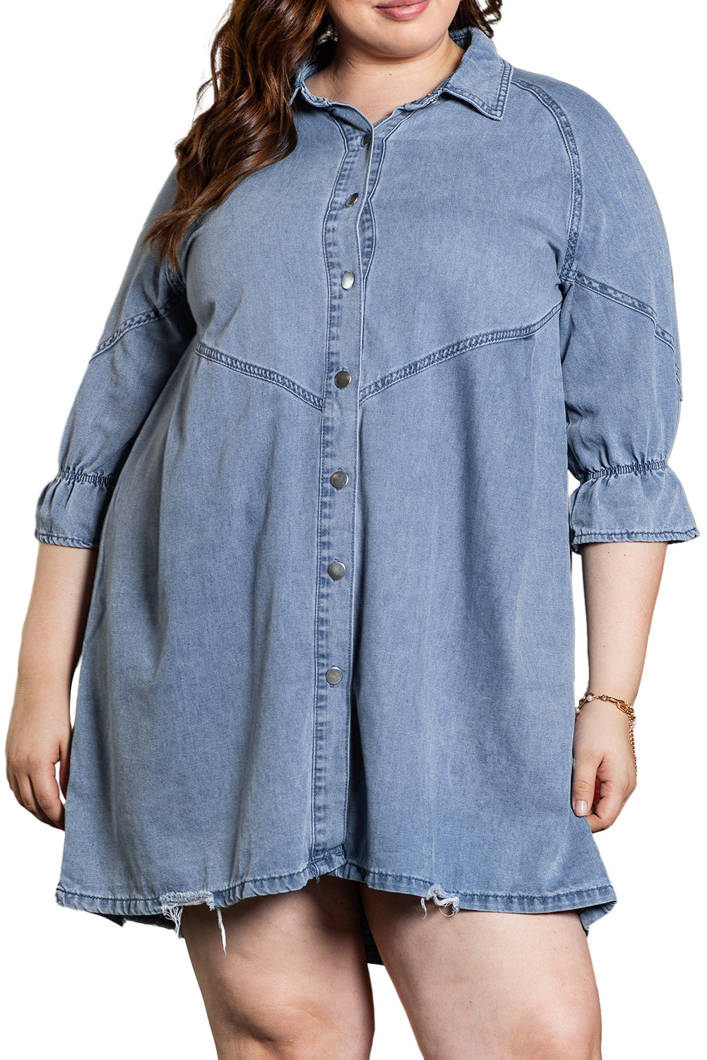 Denim Ruffle 3/4 Sleeve Dress Plus Size