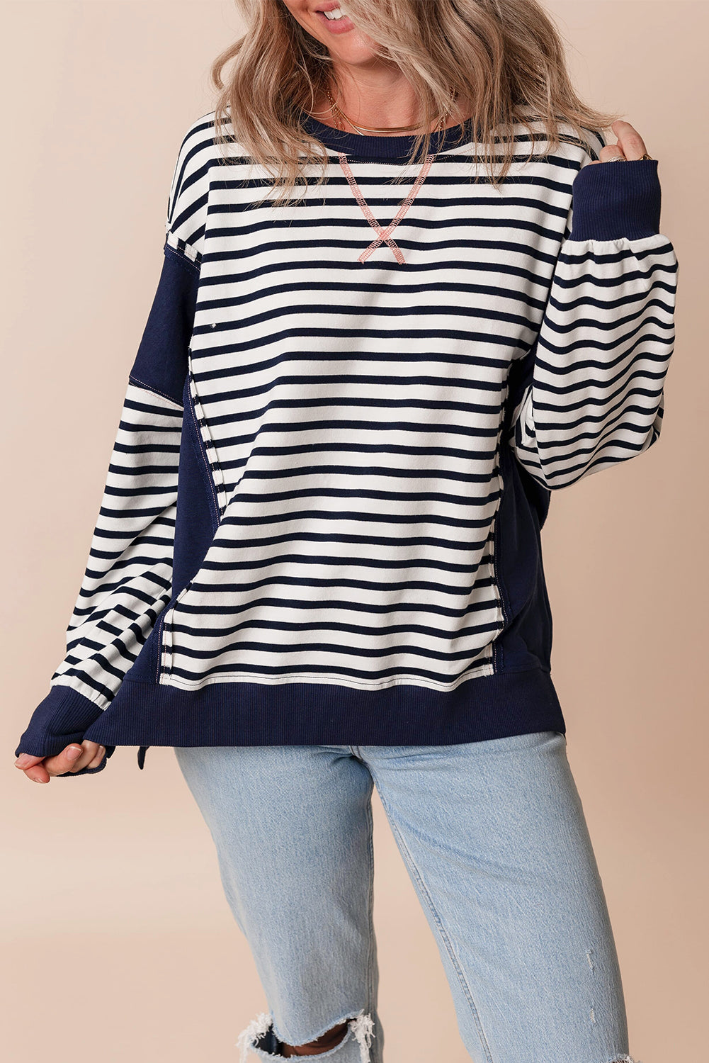 Stripe Colorblock Reverse Seam Sweatshirt