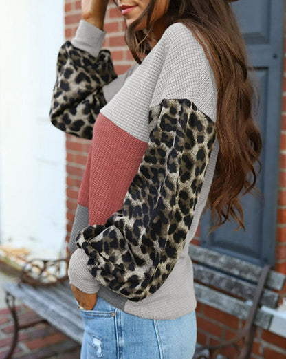 Leopard Colorblock Waffle V-Neck Top