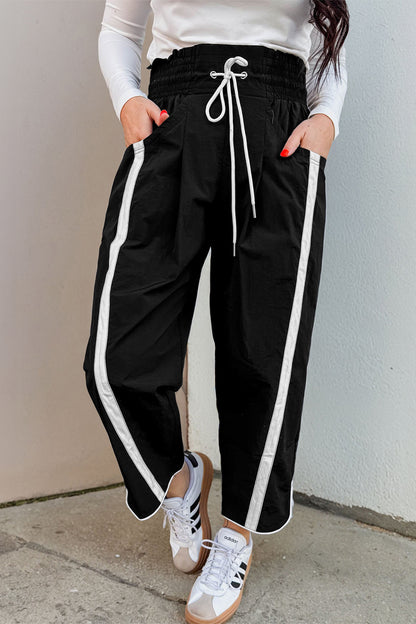 Stripe Smocked Waist Drawstring Cropped Pants