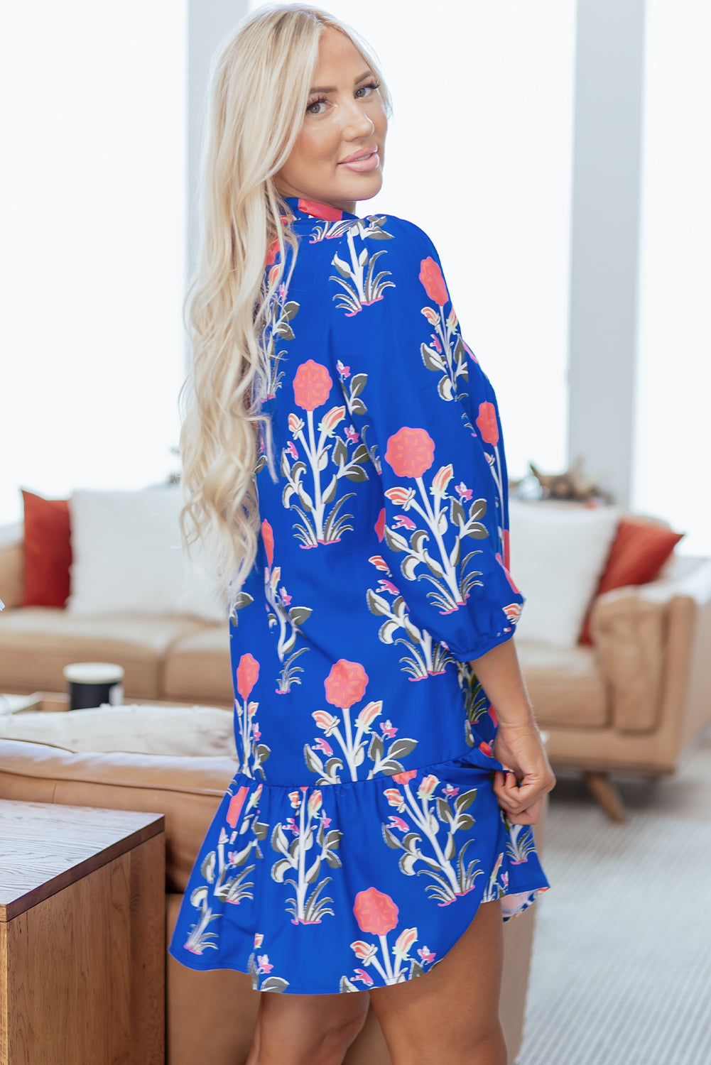 Floral 3/4 Puff Sleeve Ruffle Hem Dress