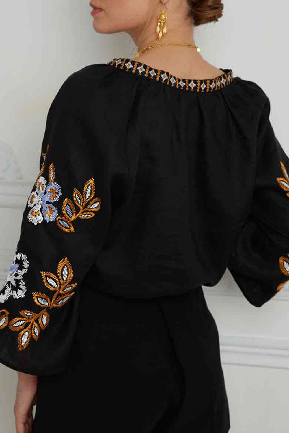 Boho Floral Embroidered V-Neck Blouse