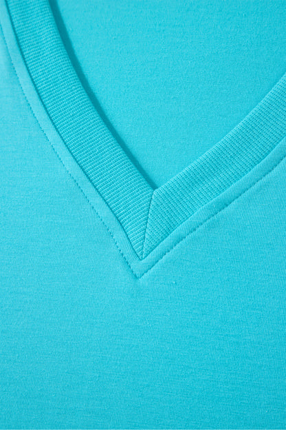 Solid V-Neck Short Puff Sleeve Blouse