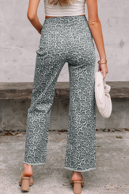 Leopard Frayed Edge High Waist Wide Leg Jeans