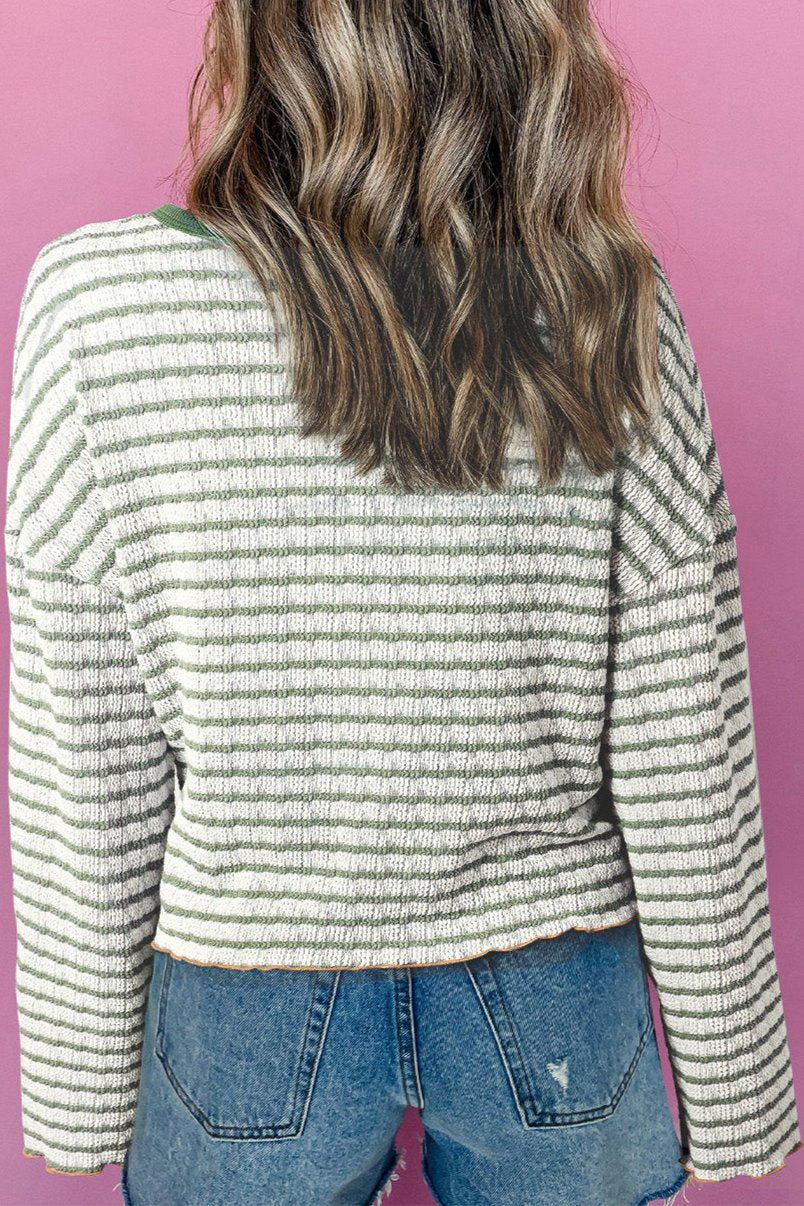 Stripe Textured Long Sleeve Henley Top