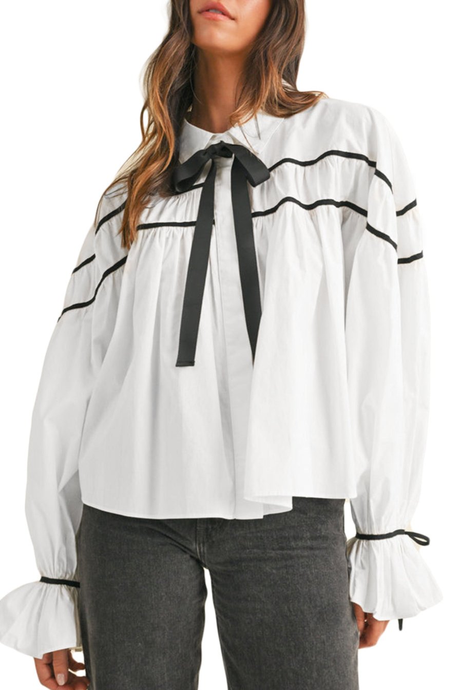 Stripe Ribbon Bow Puff Sleeve Shirt