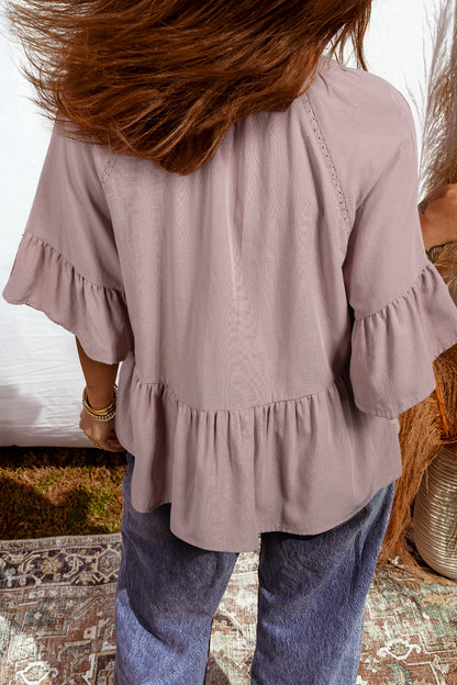 Solid Split V-Neck Ruffle Sleeve Peplum Blouse