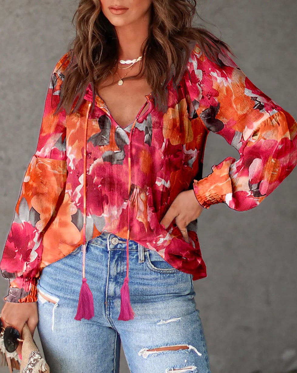 Floral Tassel Tie Smocked Blouse