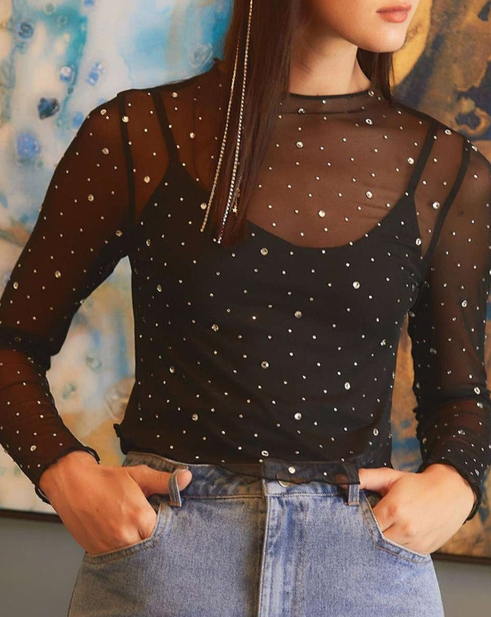 Rhinestone Sheer Mesh Crop Top