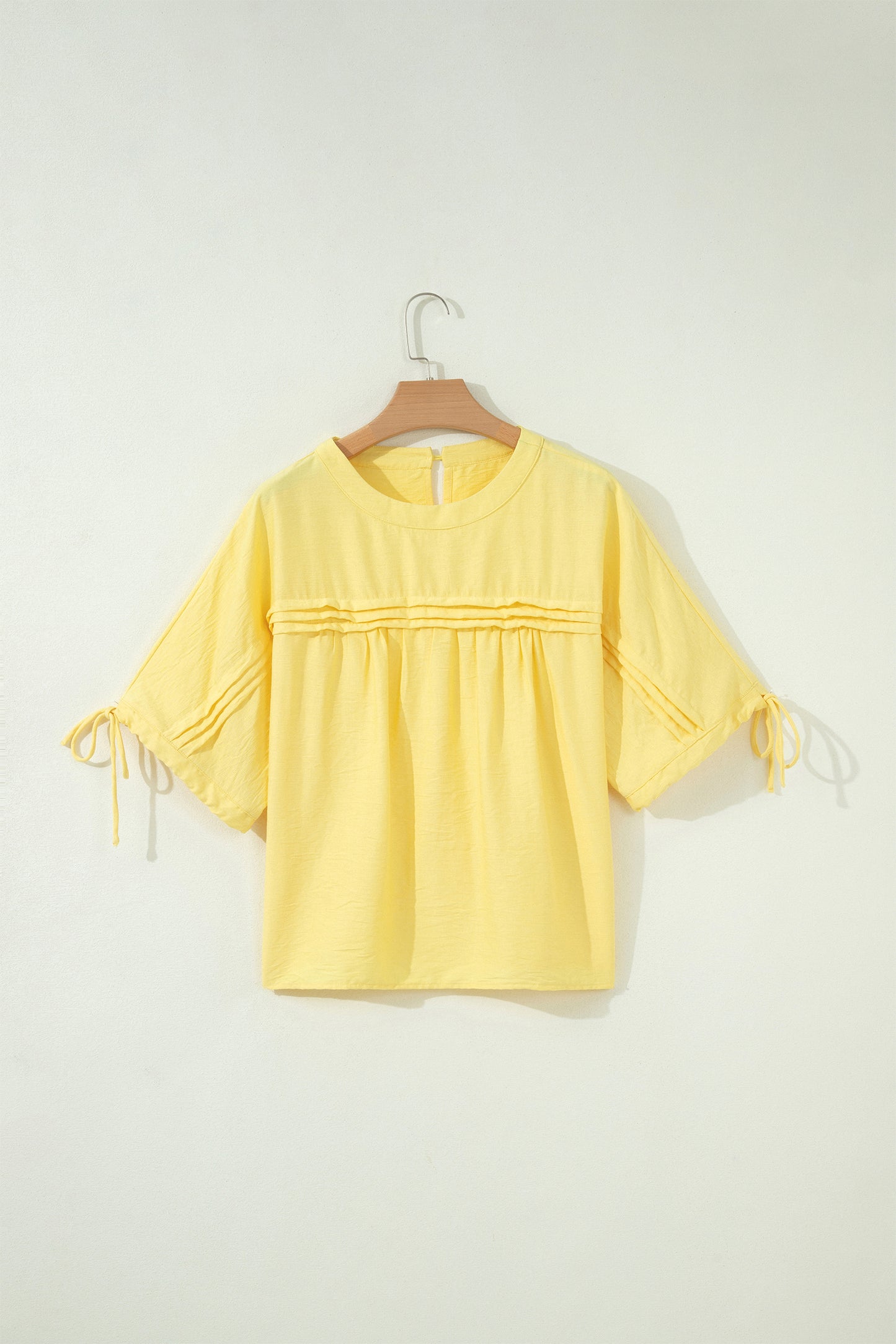 Solid Pleated Tie Sleeve Babydoll Blouse