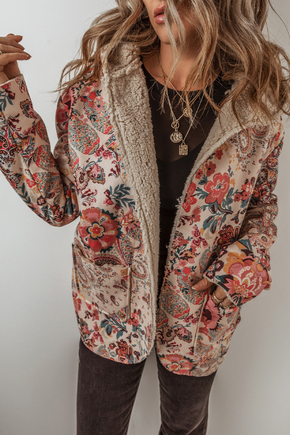 Floral Sherpa Lined Hooded Jacket