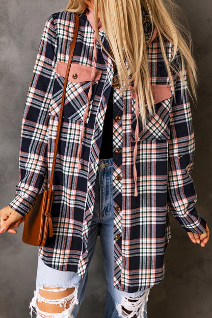 Plaid Contrasting Hood Pocketed Shacket