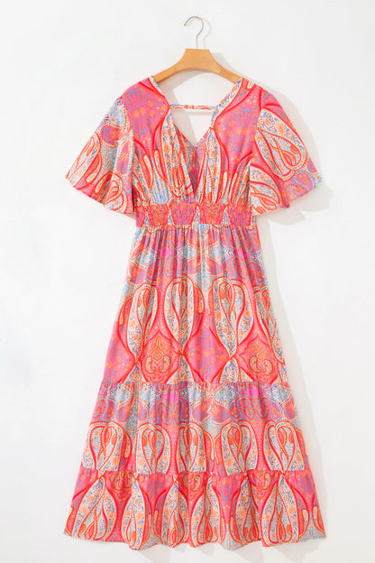 Boho Paisley V-Neck Short Sleeve Ruffle Maxi Dress