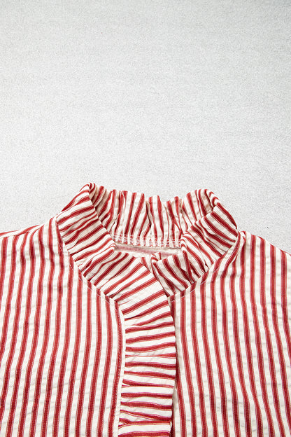 Stripe Textured Ruffle Trim Button-Up Long Sleeve Shirt