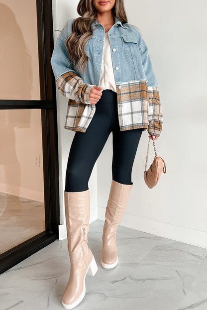 Denim Plaid Patchwork Buttoned Jacket