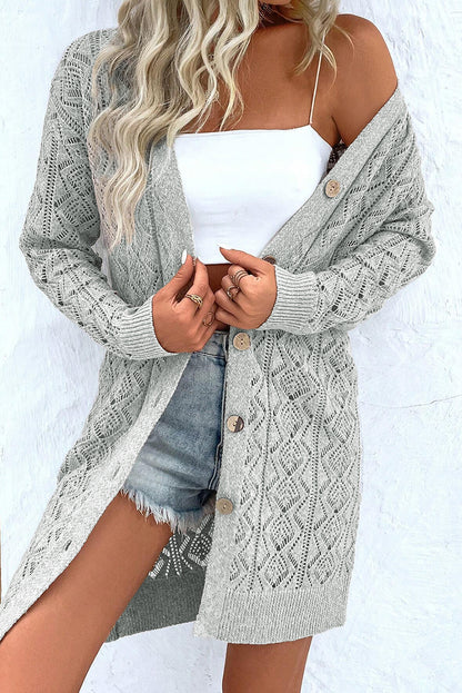 Hollowed Knit Buttoned Long Cardigan