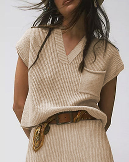 Ribbed Cap Sleeve Pocketed Sweater