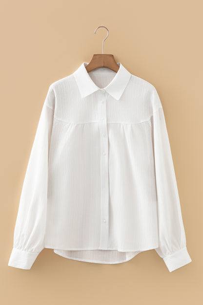 Solid Crinkled Lantern Sleeve Buttoned Shirt