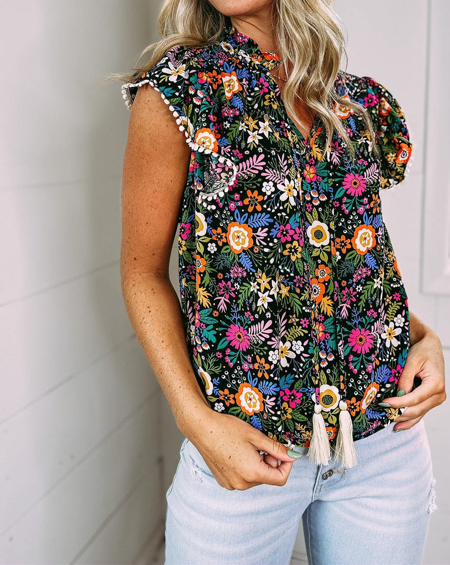 Floral Flutter Sleeve Tassel Tie Blouse