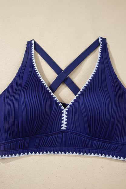Shell Stitch Trim Textured High Waist Bikini Set