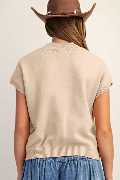 Western Corded Horseshoe Mock Neck Short Sleeve Sweater