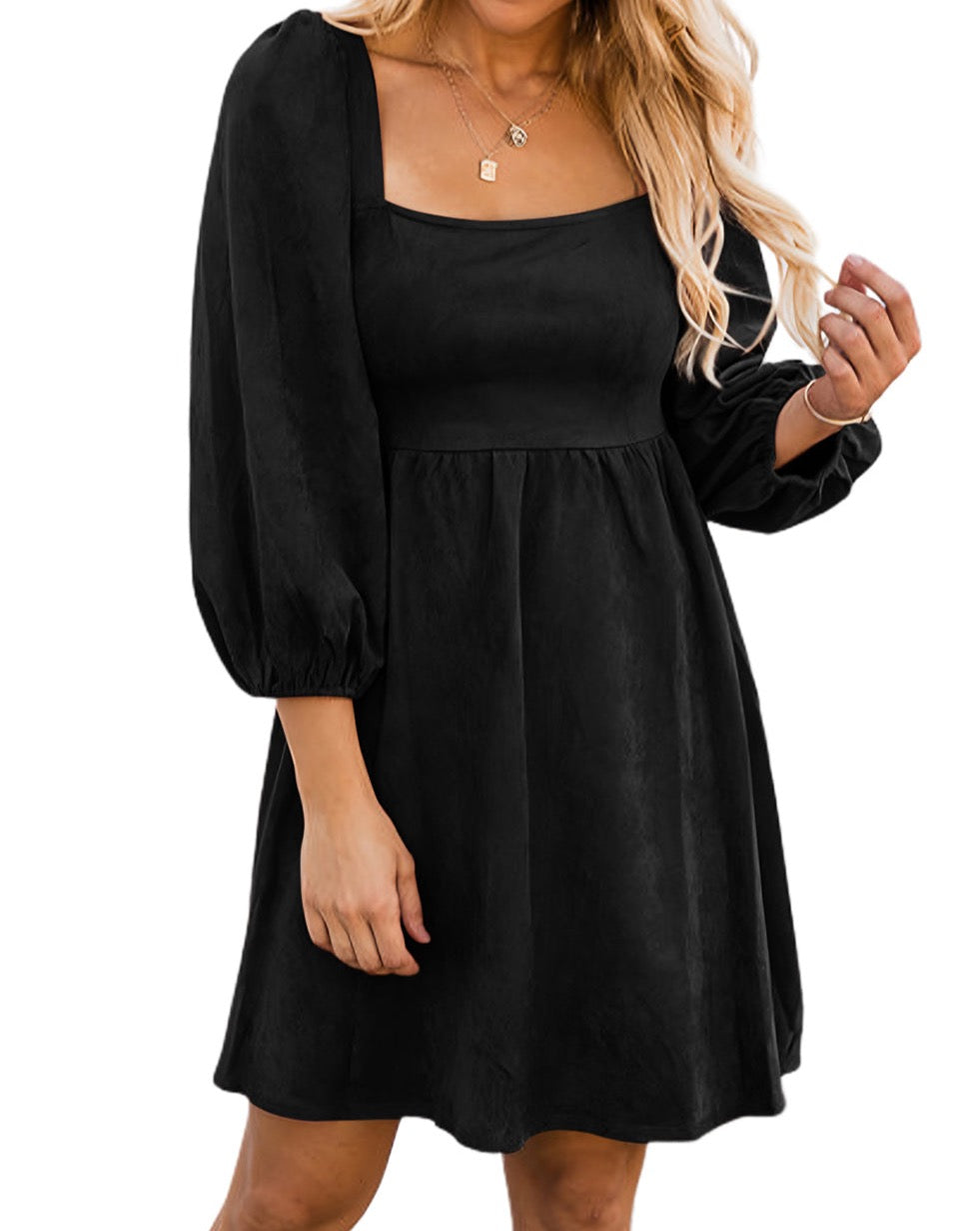 Suede Shirred Puff Sleeve Dress