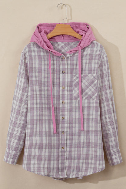 Checker Button-Up Chest Pocket Hooded Shacket