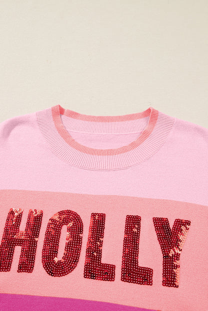 Christmas HOLLY JOLLY Sequin Colorblock Crewneck Sweater