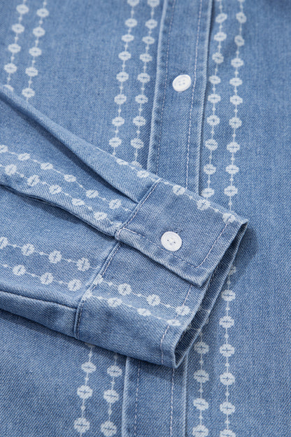 Floral Stripe Denim Buttoned Long Sleeve Shirt