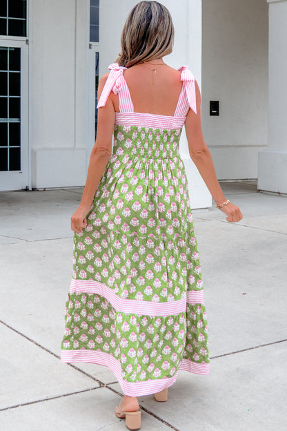 Floral Stripe Patchwork Knot Strap Maxi Dress