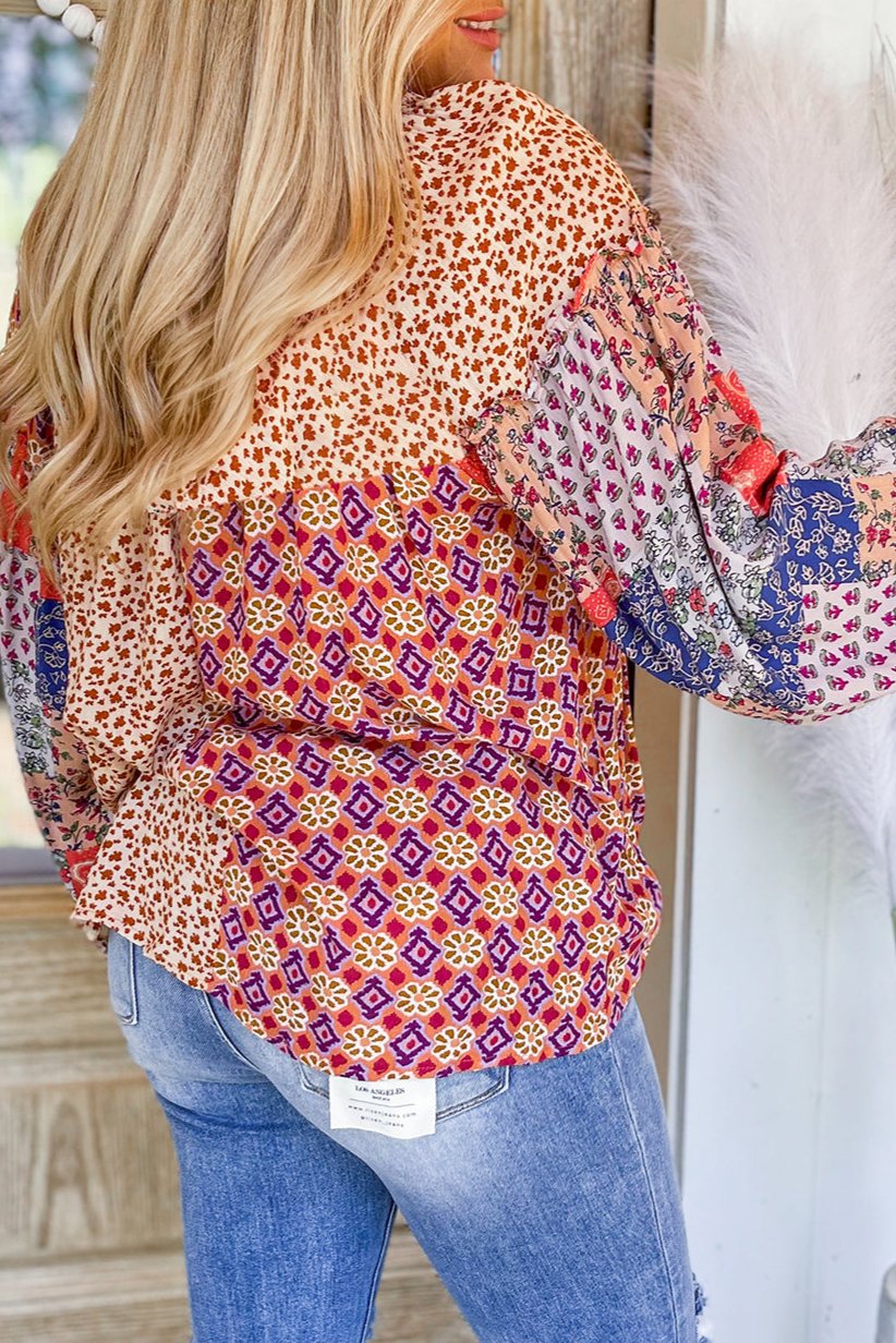 Plus Size Floral Geometric Patchwork Blouse