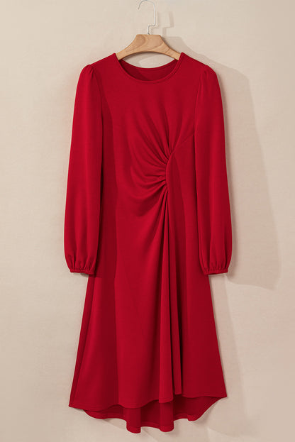 Solid Ruched Long Sleeve Midi Dress