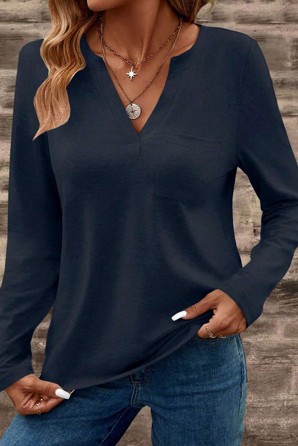 Notched V-Neck Long Sleeve T-Shirt