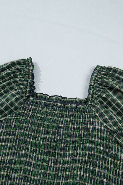 Plaid Shirred High Waist Square Neck Ruffle Hem Dress