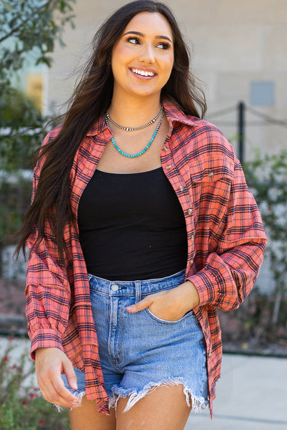 Plaid Button-Up Distressed Hem Long Sleeve Shirt