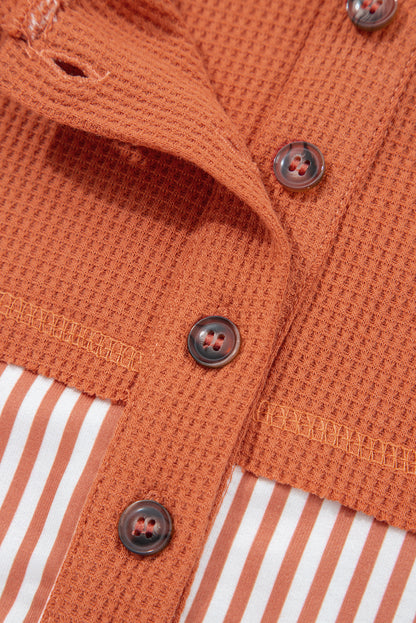 Stripe Waffle Patchwork Hooded Long Sleeve Top