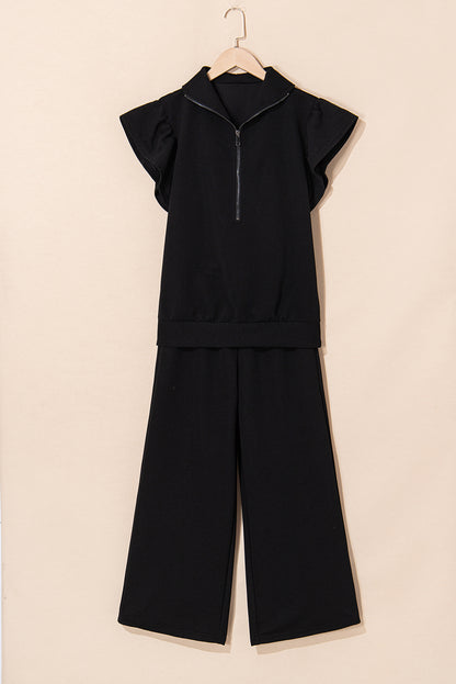 Textured Ruffle Half Zip Top and Pants Set
