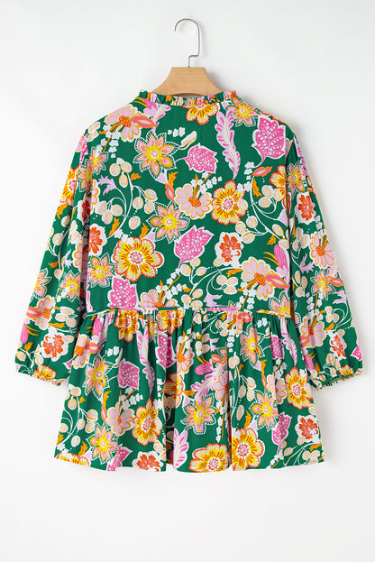 Plus Size Floral Long Sleeve V-Neck Babydoll Top