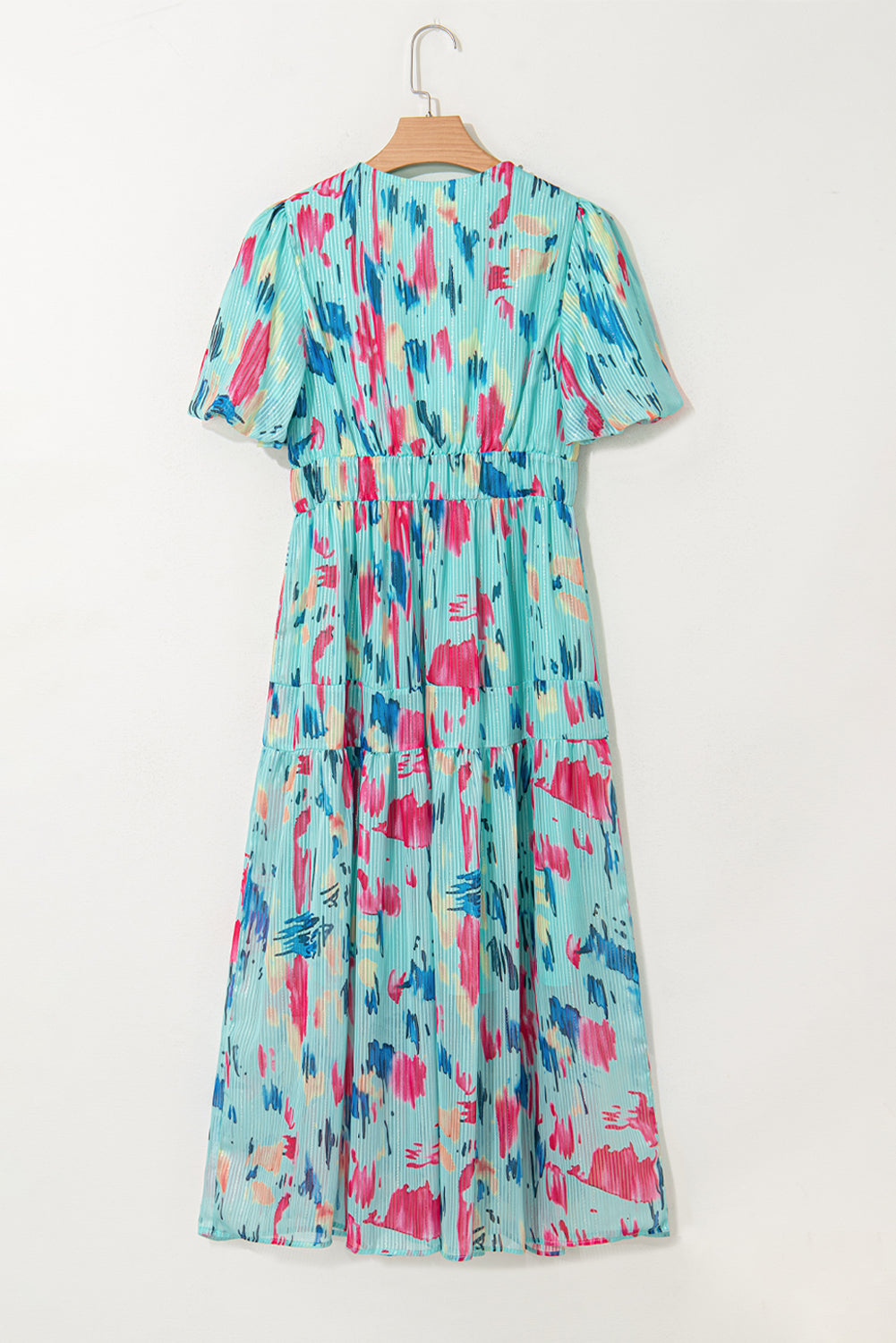 Abstract Short Puff Sleeve Tiered Maxi Dress