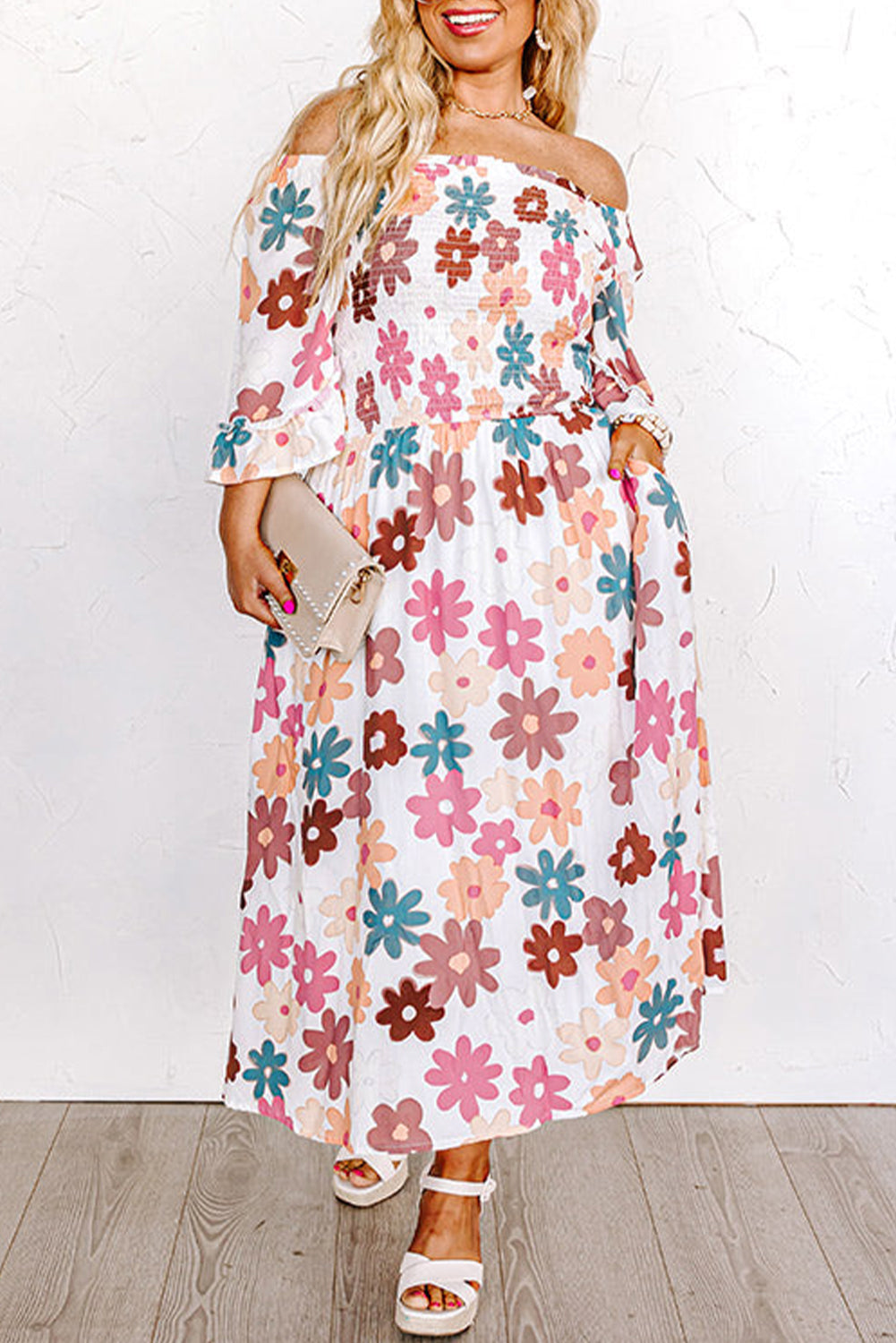 Floral Smocked Off Shoulder Dress Plus Size