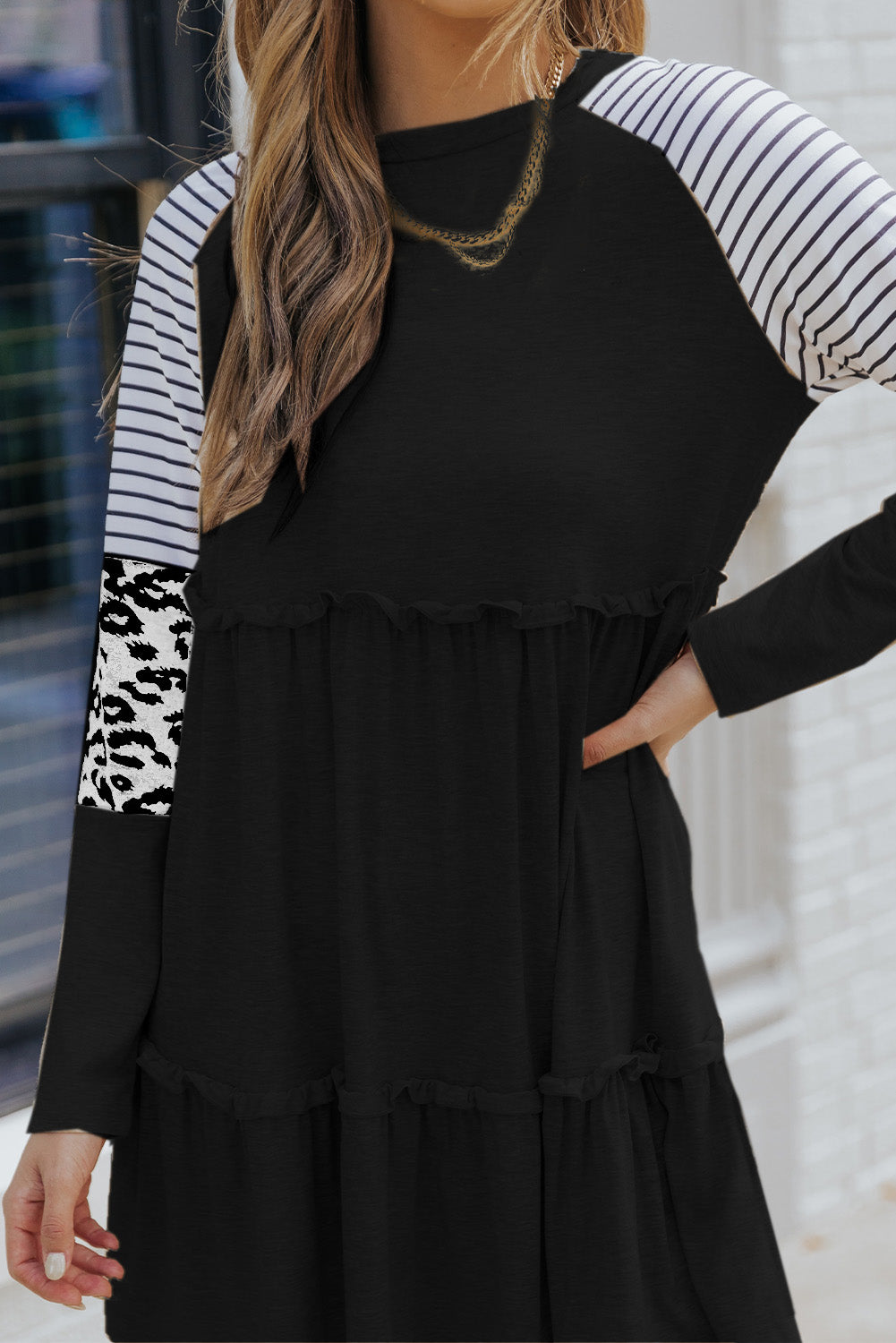 Striped Leopard Long Sleeve Dress