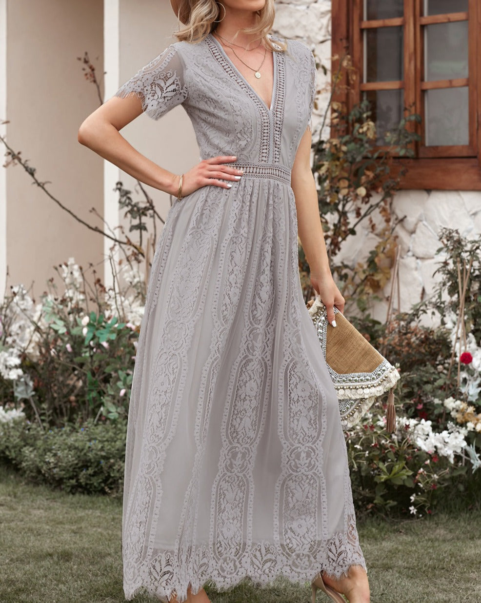 Lace Short Sleeve Maxi Dress