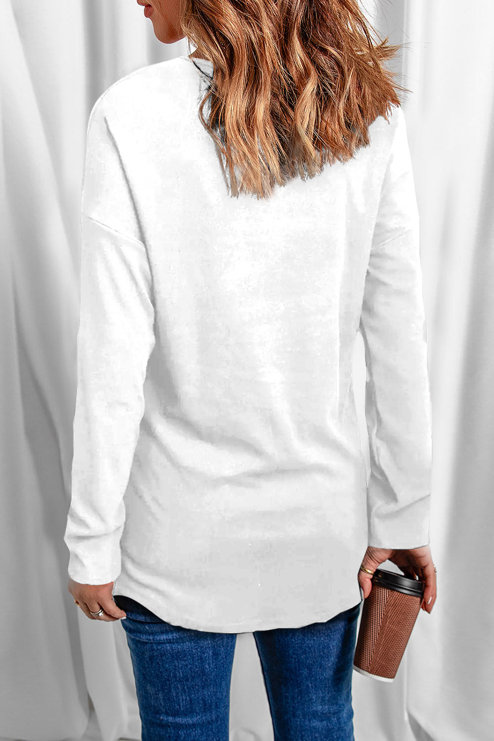 Solid V-Neck Long Sleeve Top