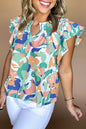 Abstract Ruffle Short Sleeve Blouse