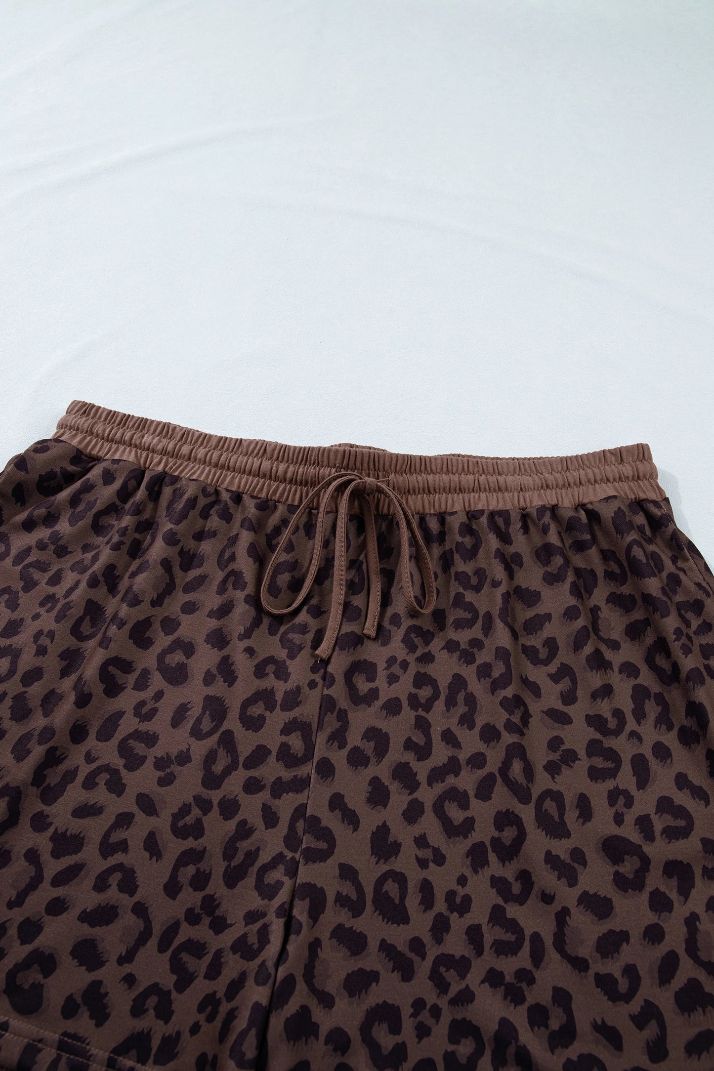 Plus Size Leopard Collared Top & Drawstring Shorts Set