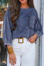 Denim 3/4 Sleeve Ruffle Pocket Blouse