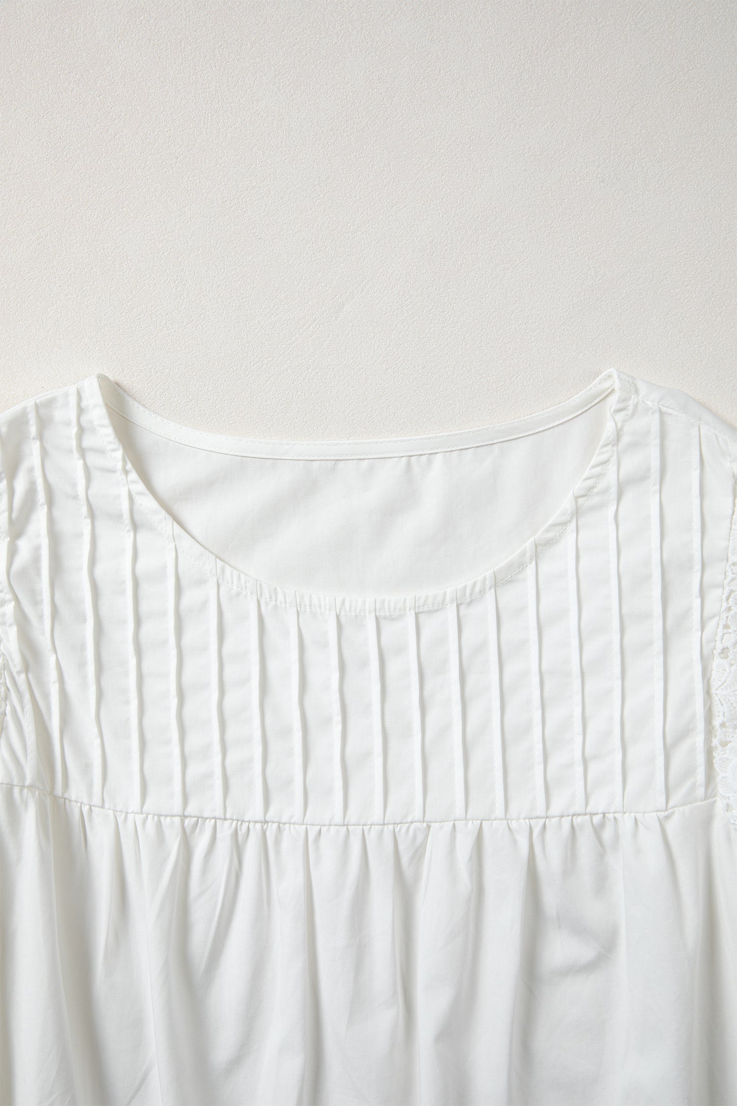 Lace Flutter Sleeve Pleated Round Neck Blouse