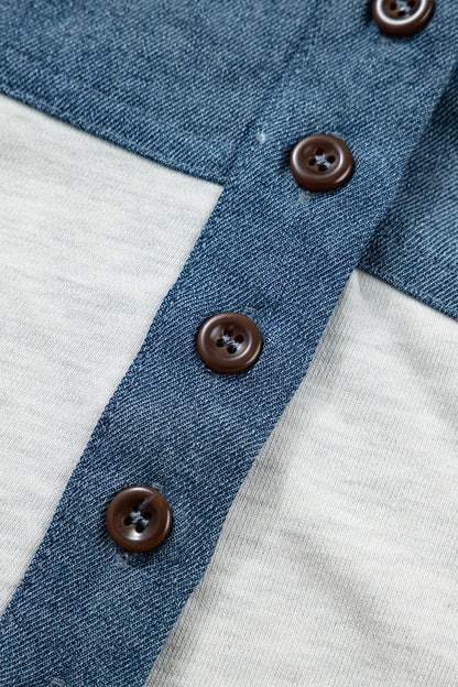 Colorblock Denim Patchwork Buttoned Polo Top