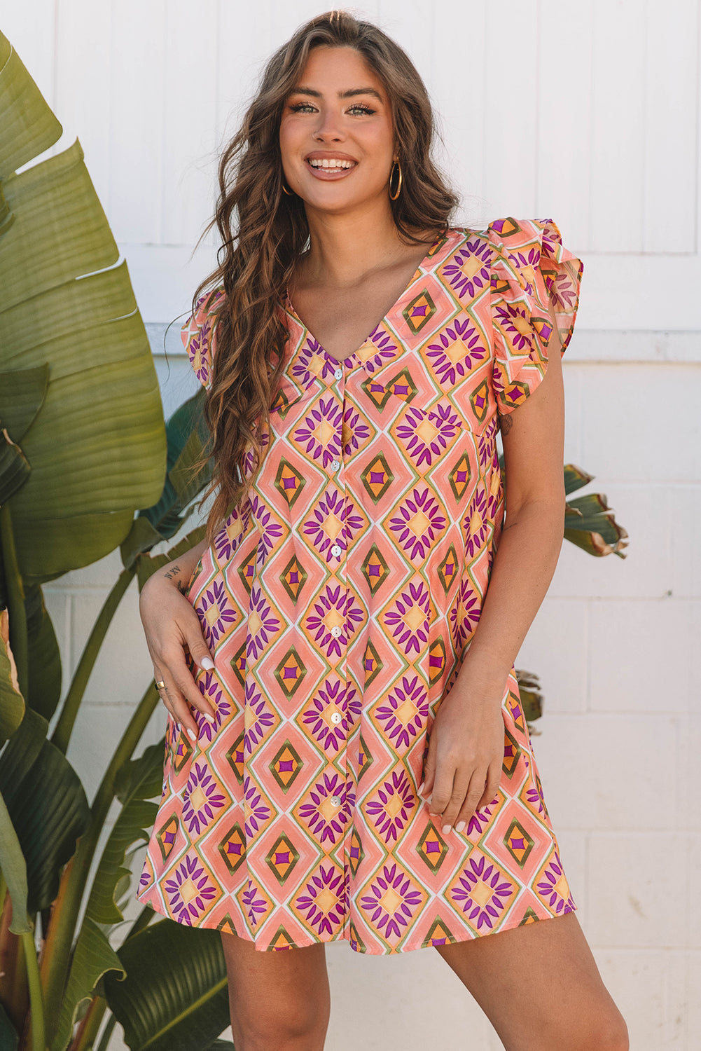 Geometric Floral V-Neck Button-Front Mini Dress