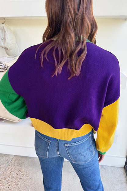 Mardi Gras Colorblock Fuzzy Patchwork Sweater